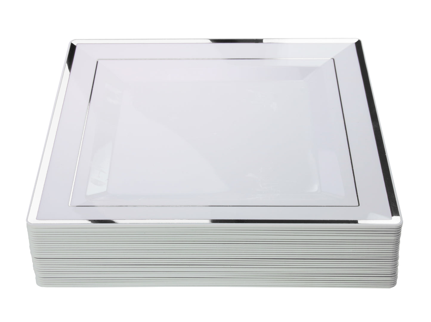 10 In. White/Silver Line Square Plates - 10 Ct.