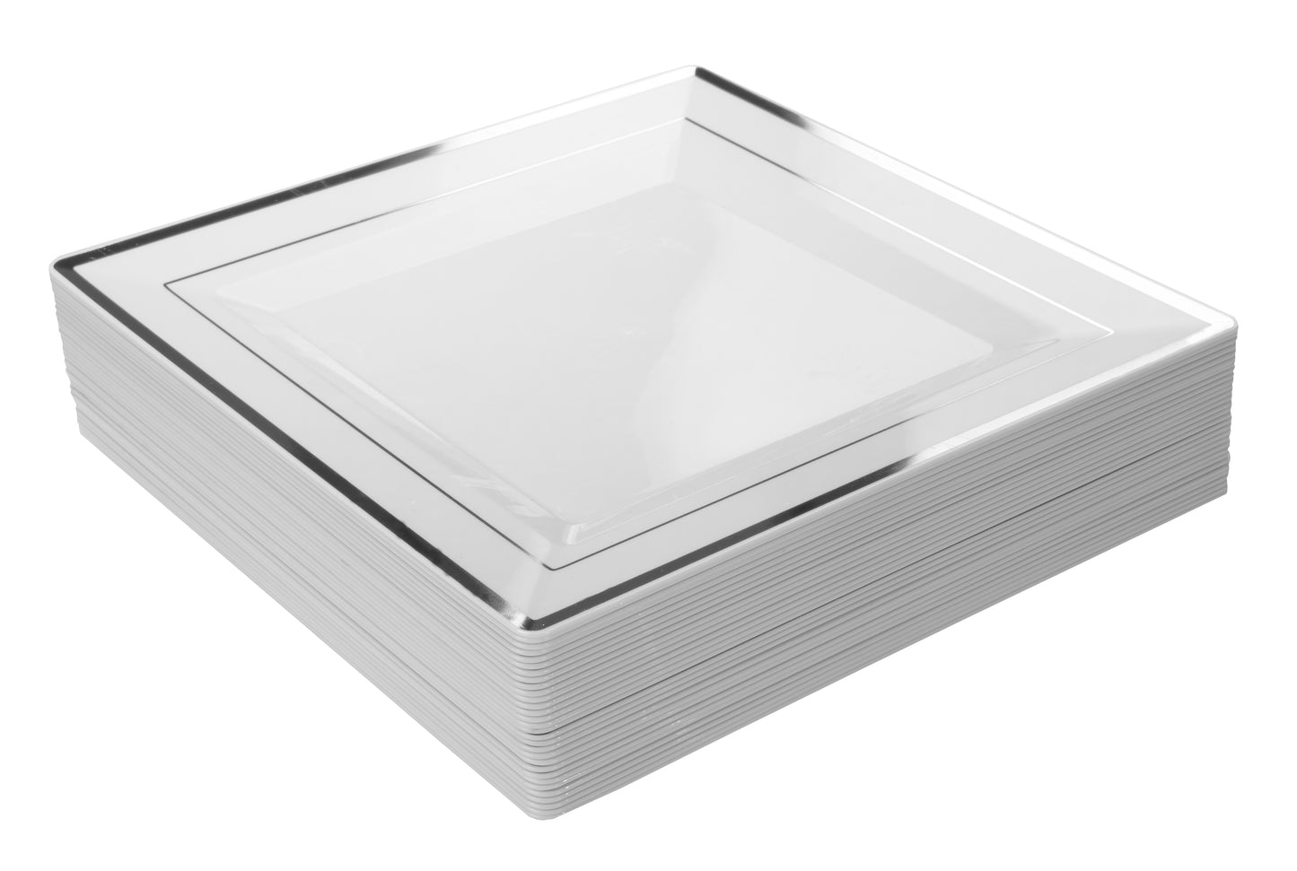 10 In. White/Silver Line Square Plates - 10 Ct.