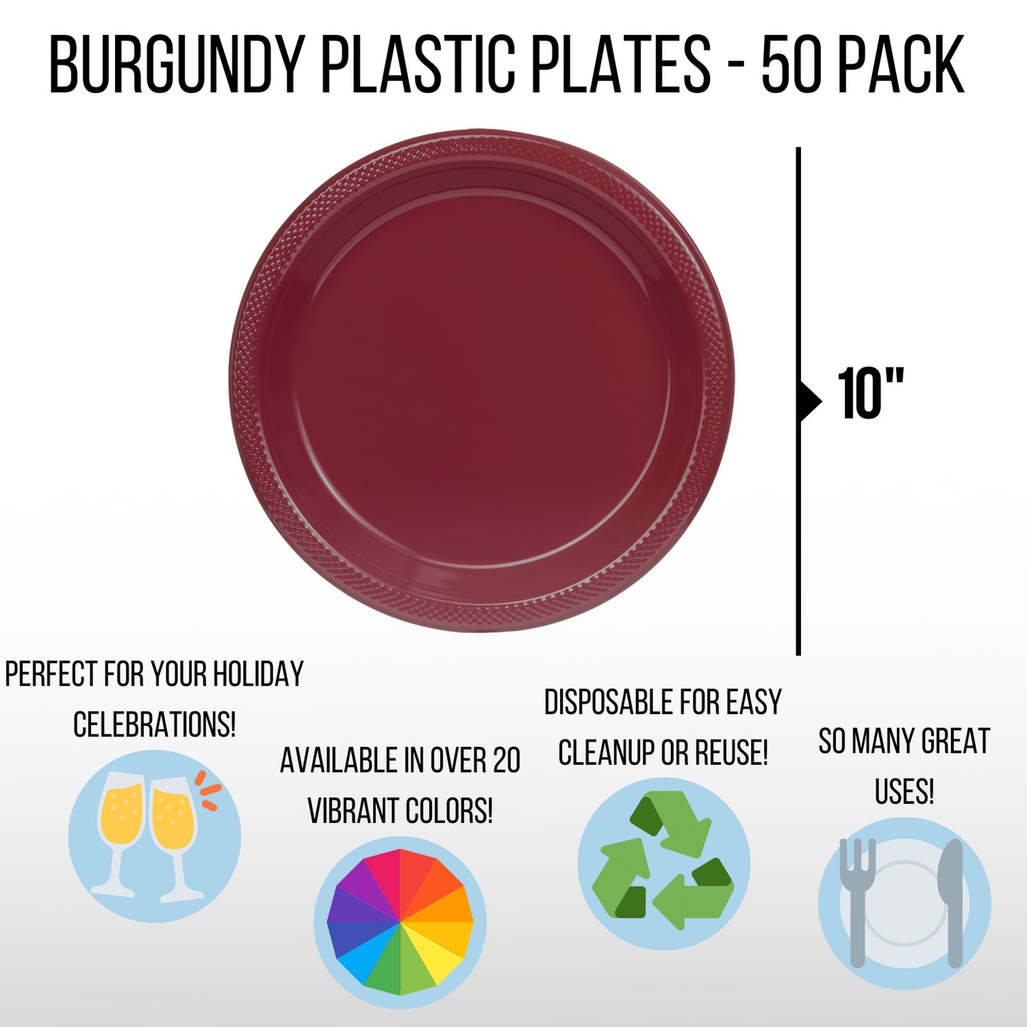 10 In. Burgundy Plastic Plates - 50 Ct.