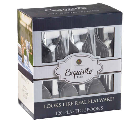 Case of 12 - Exquisite Classic Silver Plastic Spoons - 120 ct.