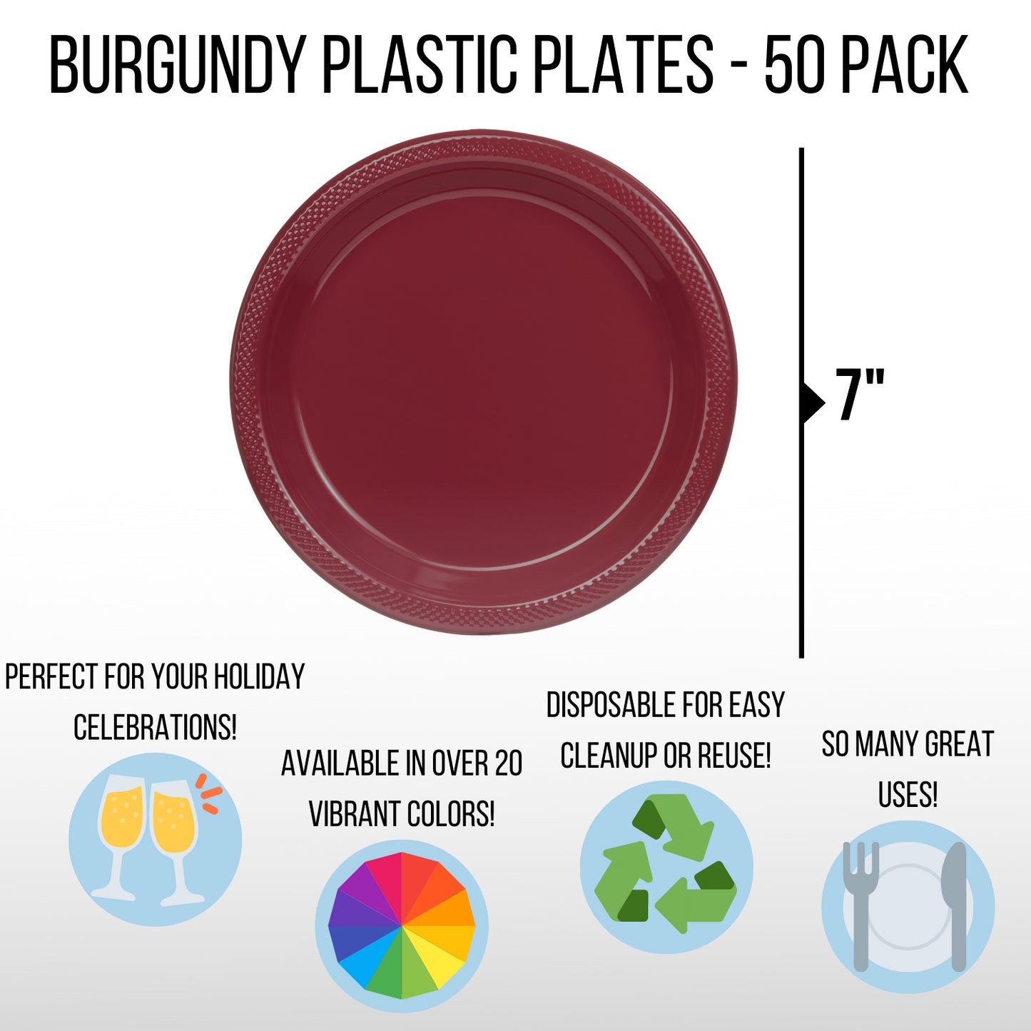 7 In. Burgundy Plastic Plates - 50 Ct.
