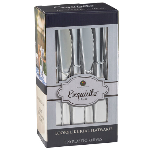 Case of 12 - Exquisite Classic Silver Plastic Knives - 120 ct.