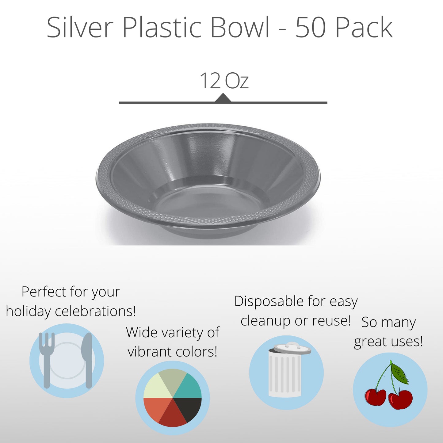 12 oz Silver Plastic Bowls (50)
