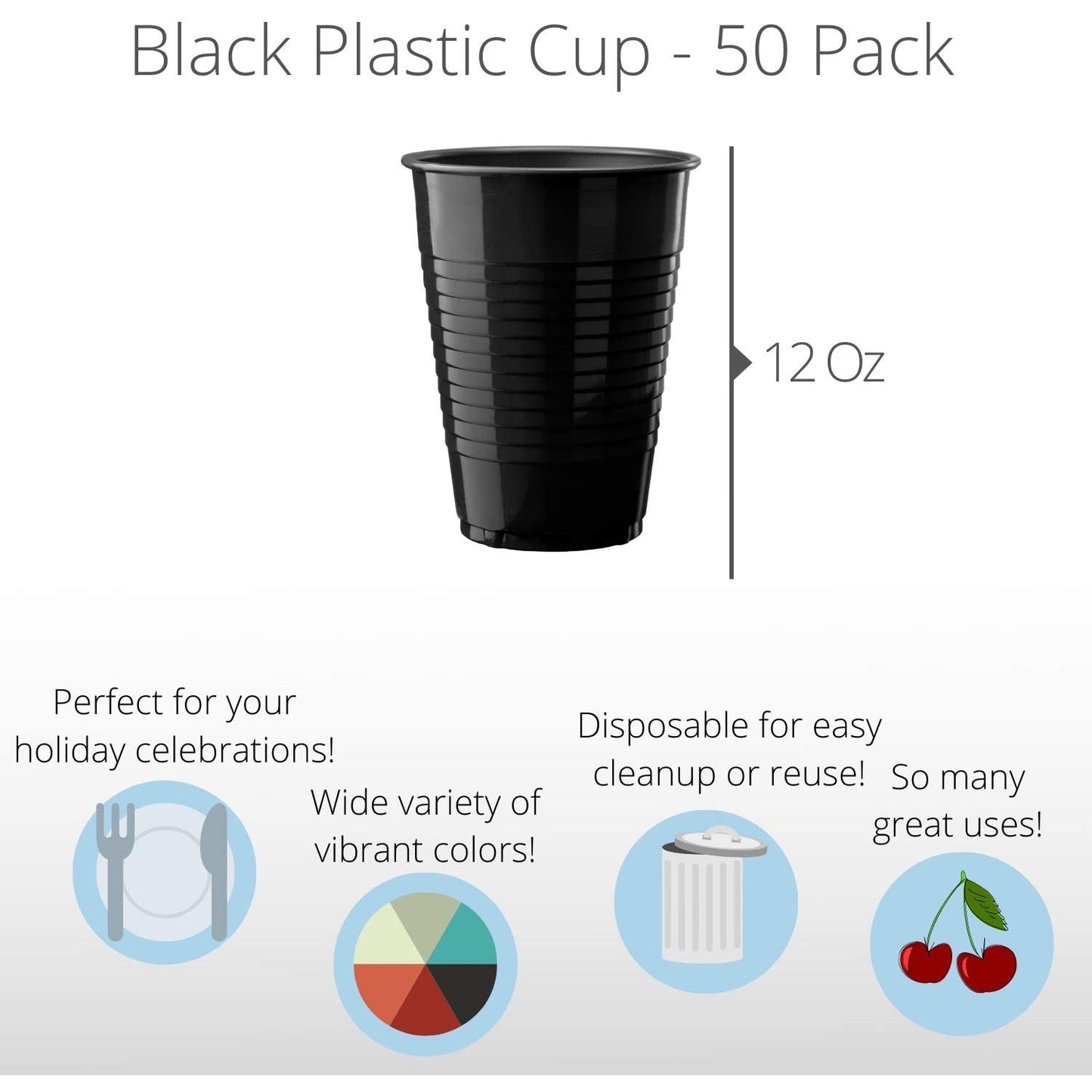 12 Oz. Black Plastic Cups - 50 Ct.
