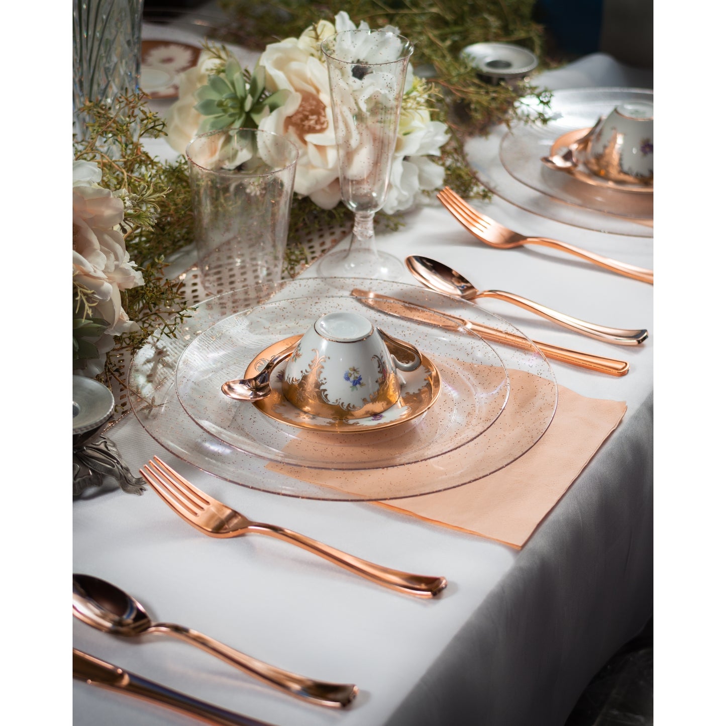 Case of 12 - 5 oz. Rose Gold Sparkle Plastic Flute Glasses - 12 count