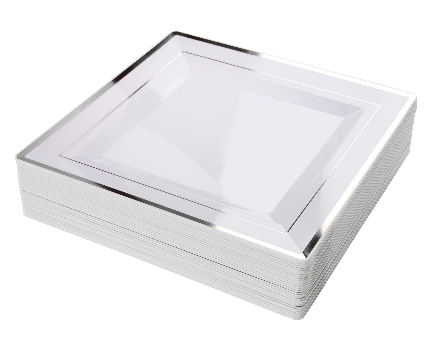 10 In. White/Silver Line Square Plates - 10 Ct.